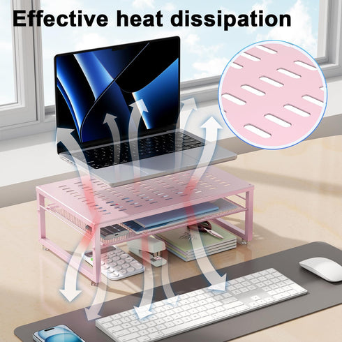 gianotter 2-Tier Metal Monitor Stand Riser, Desk Accessories & Workspace Organizer for Office Supplies, Pink