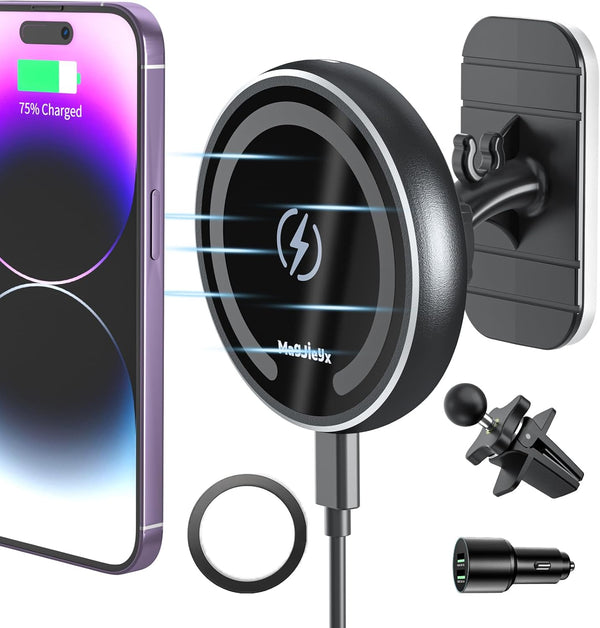 Magsafe Car Mount Charger for iPhone 12/13/14/15/16 - Magnetic Wireless Charging with Fast 36W QC 3.0 Adapter