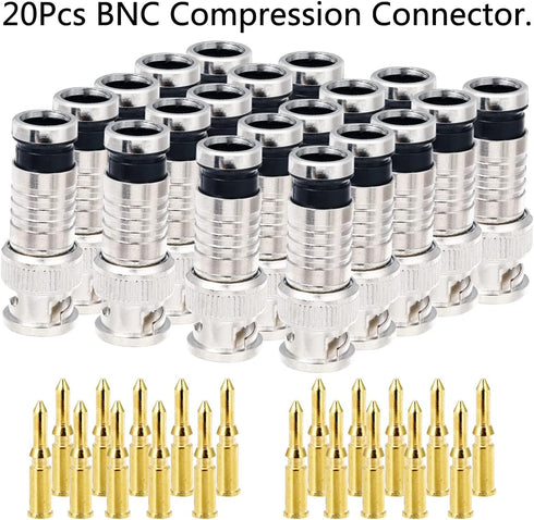 VFLTOOL 20PCS BNC Compression Connector 75 Ohm Coupler with Copper Pin for RG58-59 Crimper Video Plug Extension Coaxial