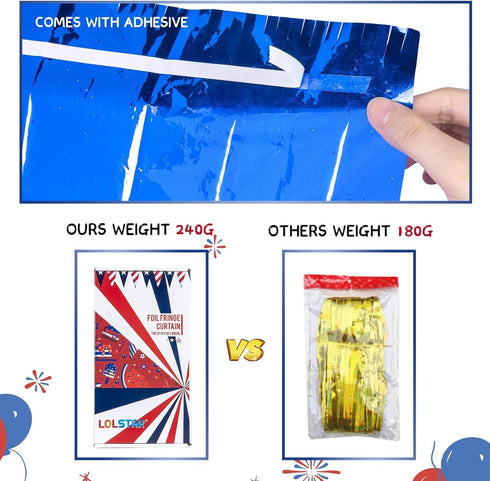 LOLStar 4th of July Decorations, 3 Pack Red White Blue Tinsel Foil Fringe Curtains, Photo Booth Prop Streamer Backdrop
