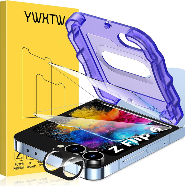 YWXTW EZ Alignment for Samsung Galaxy Z Flip 6 Screen Protector, 2 PCS Front Tempered Glass + 2 Set Camera Lens