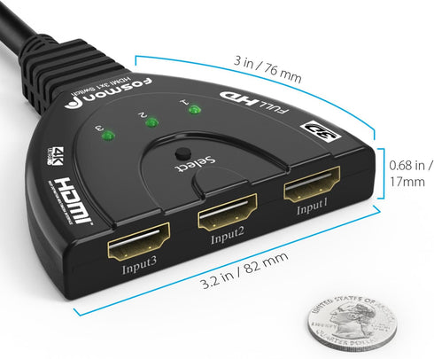 Fosmon 4K HDMI Switch 3 in 1 Out, 4K@30Hz, 3-Port HDMI Splitter Hub, Auto Switching for HDTV, PS5/4