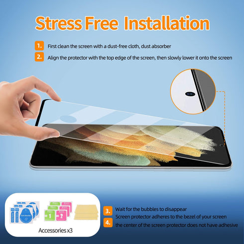 3 Pack Curved Tempered Glass Screen Protector for Samsung Galaxy S21 Ultra 5G (6.8 inch) - HD Clear, Fingerprint ID