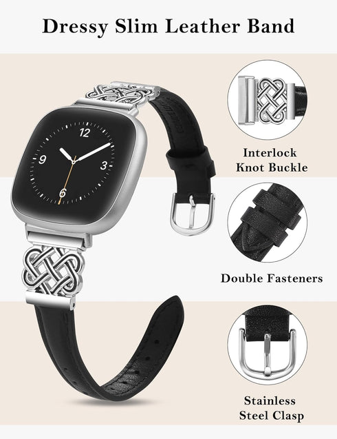 TOYOUTHS Leather Band Compatible with Fitbit Versa 4/Versa 3/Fitbit Sense 2/Sense Band Women, Slim Thin Dressy Designer Premium Leather Strap with Interlock Buckle for Versa 3 4 Sense 2 Smartwatch