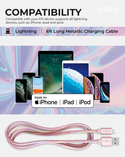 LIQUIPEL Powertek 6 ft iPhone Charger Cable, Fast Charging Lightning to USB Adapter, MFI Certified, Light Pink