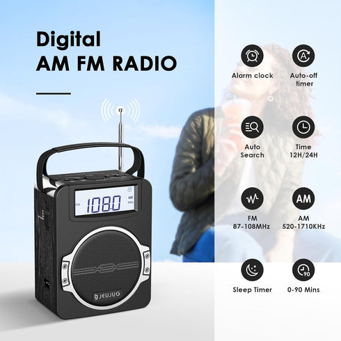 Portable AM FM Digital Radio with Bluetooth, Rechargeable, Loud Speaker, Best Reception for Home Outdoor, Black