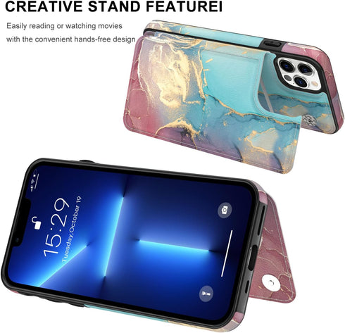 LETO Luxury Flip Folio Leather Wallet Case for iPhone 13 Pro Max, Card Slots Protective Shell (Opal Marble Blue Purple)