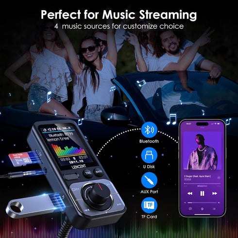 LENCENT Bluetooth 5.0 FM Transmitter for Car, AUX Car Radio Adapter, Big Color Screen, MP3 Music Player, QC3.0 Fast