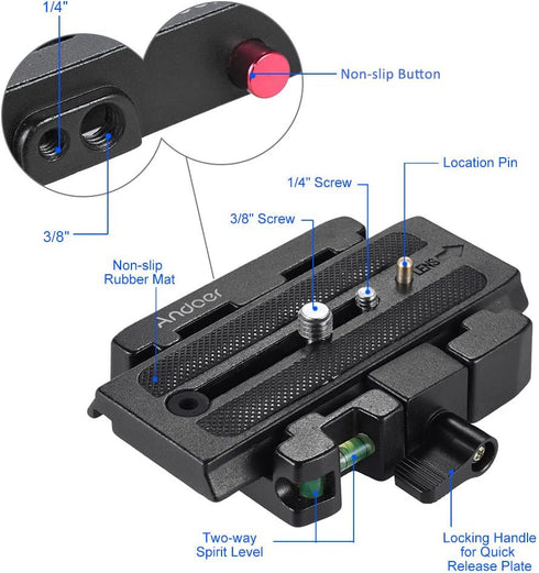 Andoer Quick Release Plate for Camera Tripod, Compatible with Manfrotto 501 500Ah 701HDV 503HDV Q5 Head