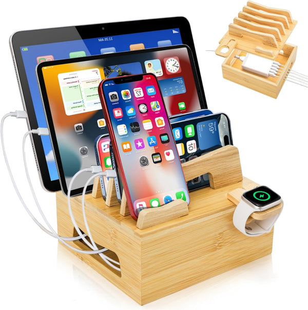 Acshio Bamboo Charging Station for Multi Devices, Small Desktop Docking Stand, Cell Phone