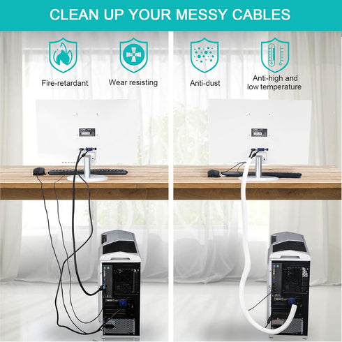 20ft - 1/2 inch White Cable Sleeve, Cable Organizer for Desk PC TV, Wire Protector Cover for Home Office