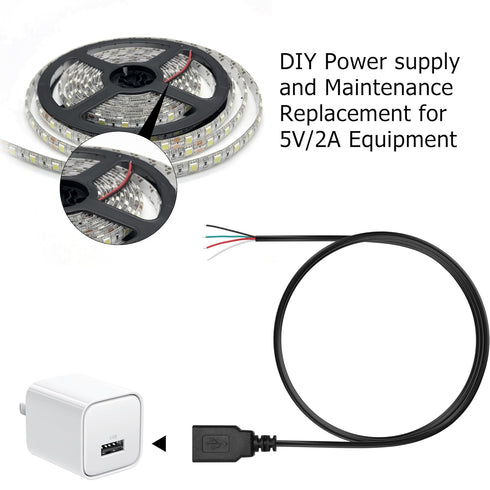 YAODHAOD USB A Female 4 Pin Bare Wire, 5V 2A USB 2.0 Extension Cable for DIY Repair (5pcs)