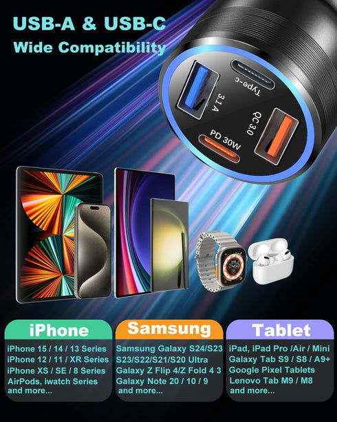 USB C Car Charger 65W, OKRAY 3-Pack 4-Port Fast Charging QC/PD/PPS Type C Car Phone Charger, Compatible for iPhone 15