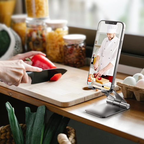 Cell Phone Stand Holder Adjustable Increase Fully Foldable Thick Aluminum Desktop Cellphone Cradle (Silver)
