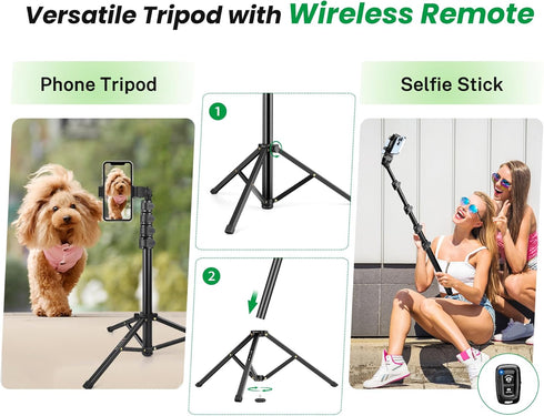 Phone Tripod, 81" Tall with Remote, Gooseneck Stand and Phone Holder, Selfie Stick Tripod for iPhone 15 14 13 Pro,