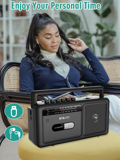 WIITHINK WTB-777 Cassette Cassette Portable Player Boombox, AM/FM Radio Stereo with Bluetooth, USB, Recorder, Earphone