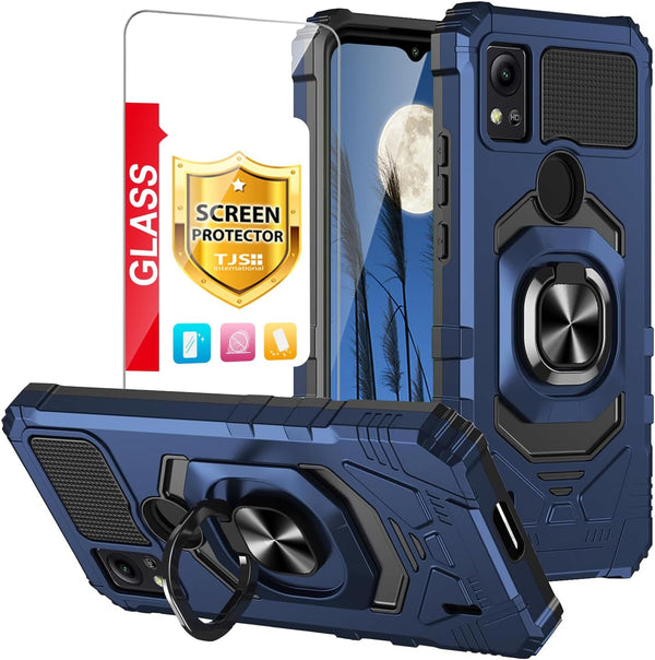 TJS Compatible for Cricket Icon 5 Case, AT&T Motivate 4 Case with Tempered Glass Screen Protector & Metal Ring Magnetic