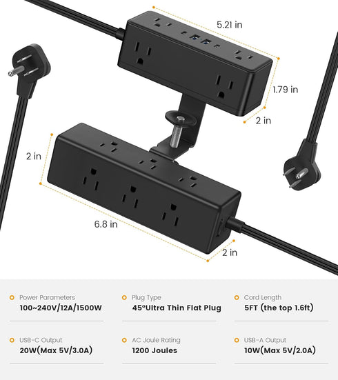 VILONG 4 Ports(20W 15 5FT Dual Layer Desk Clamp Power Strip with USB USB-C) & AC Outlets, Desktop Edge Mount Surge