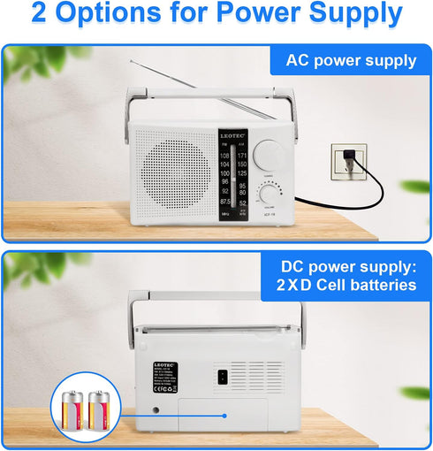 LEOTEC AM FM Radio Transistor Radio, Battery or AC Powered, Excellent Reception, Large Speakers, White