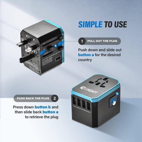 Universal Travel Adapter, Unidapt International Plug Adapter, 5.6A Smart Power, 4 USB, Type C