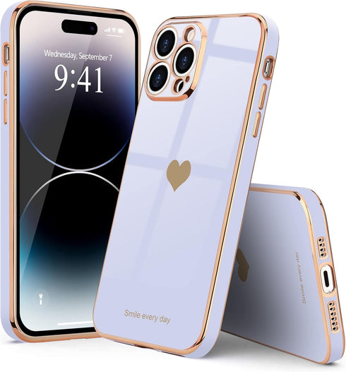 Teageo Cute Love Heart Luxury Plating Case for iPhone 14 Pro, Soft Bling Back Cover with Raised Camera Protection