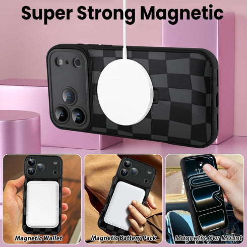 SOKAD 17 Magnetic Checkered Case for iPhone Pro Max with Finger Strap Kickstand, Compatible with Magsafe, Cute