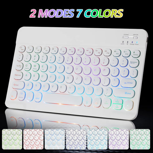 Ultra-Slim Bluetooth Keyboard and Mouse Portable Mini Wireless Keyboard Rechargeable 7-Color Backlit for Apple iPad iPhone Samsung Tablet iPhone Smartphone iOS Android Windows,Round Keys White