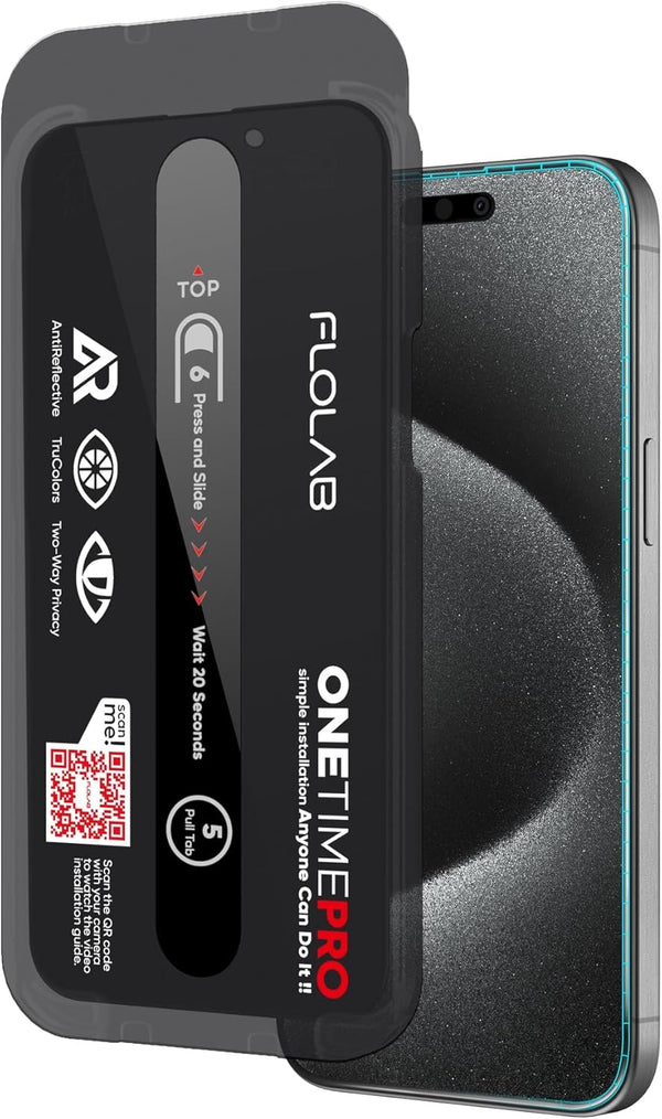 FLOLAB ONETIME PRO Privacy Screen Protector for iPhone 15 Pro, Anti-Reflective, 3D Edge-to-Edge, Easy Install