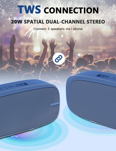 LENRUE Bluetooth Speaker - Wireless Portable with Loud Stereo Sound, Rich Bass, 12-Hour Playtime (Blue)