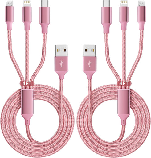 IDISON 3 in 1 Multi Charging Cable (2 Pack, 4FT) - Nylon Braided USB Charger for Type C, Micro, & IP Devices.