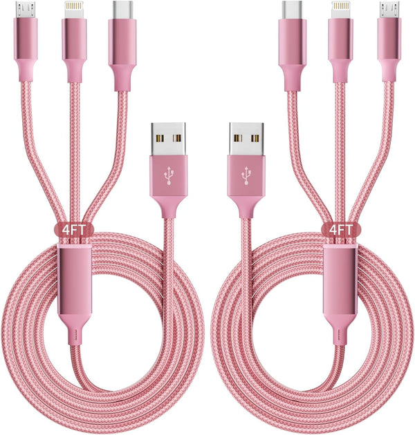 IDISON 3 in 1 Multi Charging Cable (2 Pack, 4FT) - Nylon Braided USB Charger for Type C, Micro, & IP Devices.