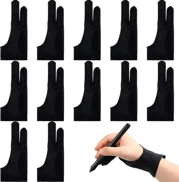 12 Pcs Artist Drawing Glove, Digital Art Glove with Two Fingers for Stylus Pen Graphic Tablet Sketching Painting for