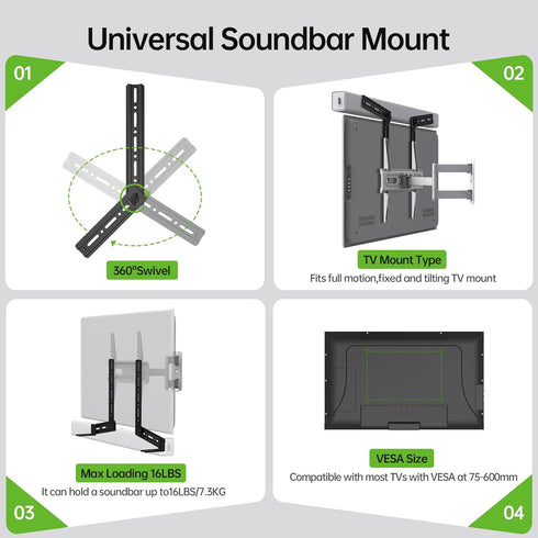 USX MOUNT Soundbar Mount, Flexible TV Mount for Sound Bars up to 16 Lbs, Tool-Free Adjustable for 23-90" TVs