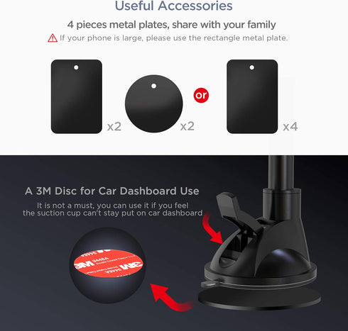 IPOW Long Arm Universal Magnetic Cradle Cell Phone Mount Holder for Windshield & Dashboard with 4 Metal Plates