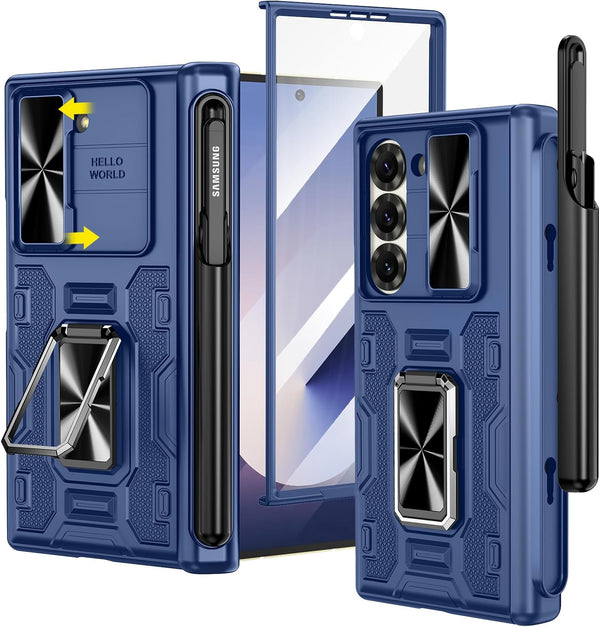 VEGO Blue Case for Samsung Galaxy Z Fold 6 with S Pen Holder, Hinge Protection, 360° Ring Kickstand