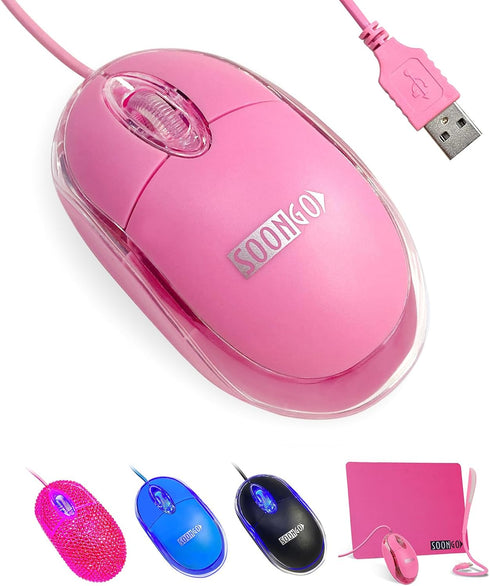 SOON GO Pink Computer Mouse with 1.5m USB Cable, Compatible with Windows, Mac, Ideal for Office, Home, Kids