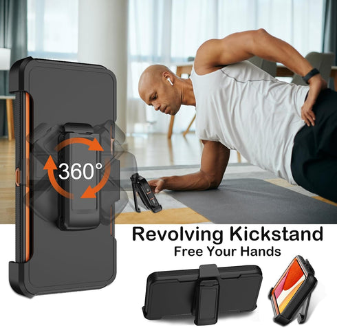 Samsung Galaxy A14 5G Case with Belt Clip Holster, Black/Orange, Built-in Screen Protector & Kickstand, Military Grade