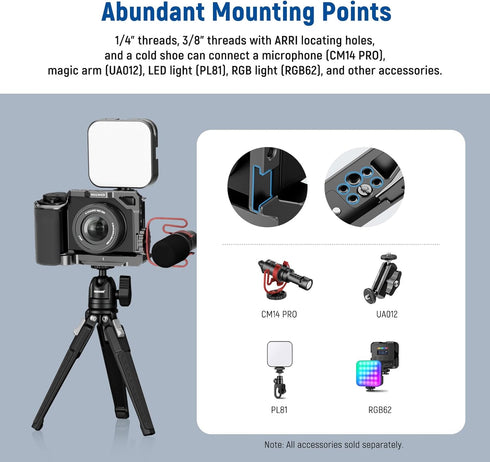 NEEWER ZV-E10 Camera Cage with Silicone Grip, 1/4" Threads, ARRI Holes, Arca Type QR Base, Compatible with DJI Gimbals