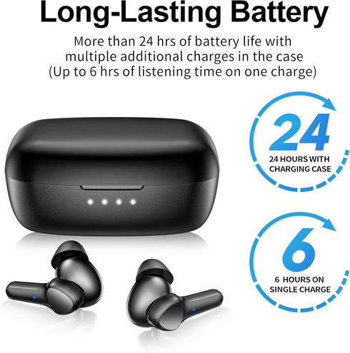 Premium Wireless Earbuds - Bluetooth 5.3, Hi-Fi Stereo, IPX8 Waterproof, Deep Bass, 4 Mics, Noise Cancelling - Black
