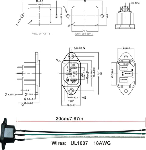 2PCS IEC 320 C14 Panel Mount Plug Adapter - AC 250V 10A 3 Pins Power Connector Socket with 3 Wires