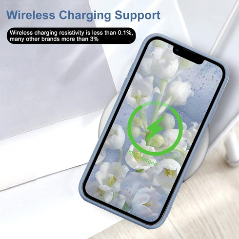 Cute Slim Shockproof iPhone 13 Case in Blue Grey with Wireless Charging Support and Protection.