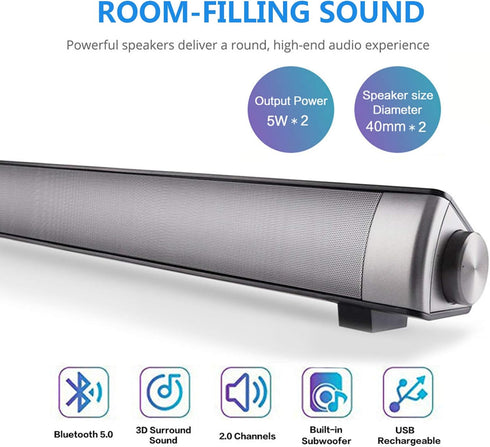 TOPROAD Sound Bar, Wired and Wireless Bluetooth 5.0 Speaker with Built-in Mic for Cell Phone/Tablet/Projector