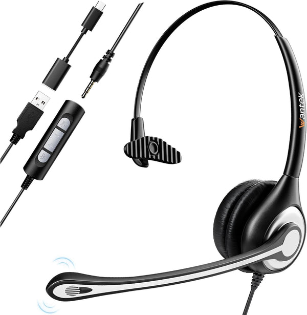 Wantek Headset wtih Mic, USB Headset with Microphone for PC, Computer Headset