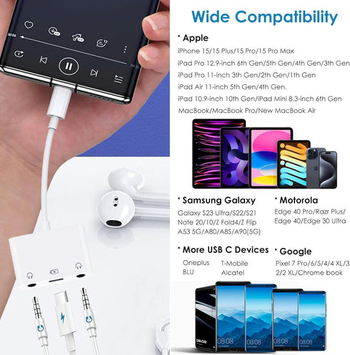 USB C to Dual 3.5mm Headphone Splitter for iPad/iPhone 15, 3 in 1 Audio Splitter with PD Fast Charging Adapter
