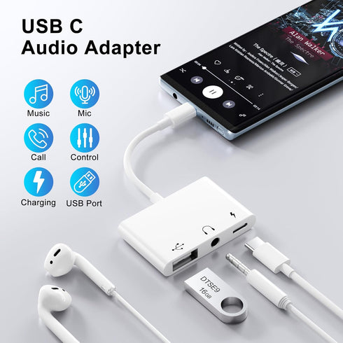 USB C to 3.5mm Audio Adapter,3 in 1 USB-C to USB Adapter with 3.5mm Headphone Jack Adapter and 60W PD Fast Charging,Compatible with Most Type-C Phones,Laptops,iPad Pro,Phone 15.
