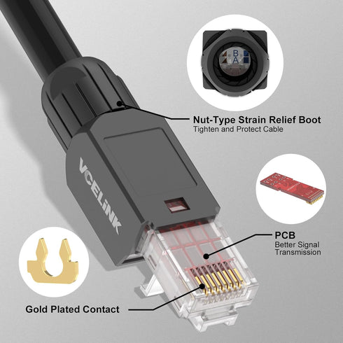 VCELINK RJ45 Connector Tool-Free, CAT6A Field Termination Plug, Gold Plated Modular Plug for 23 to 26 AWG Network Cable