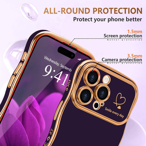 LCHULLE iPhone 15 Pro Max Case for Women, Cute Wave Frame with Love Heart Raised Camera Protection, Dark Purple