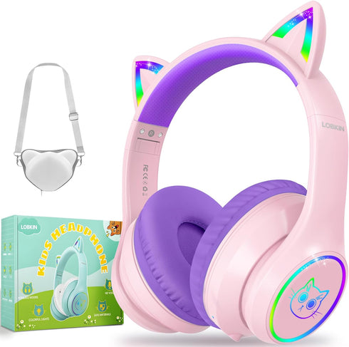 LOBKIN Kids Bluetooth Headphones, Over Ear Wireless with Mic, 50H Playtime, Colorful LED Lights, Safe Volume