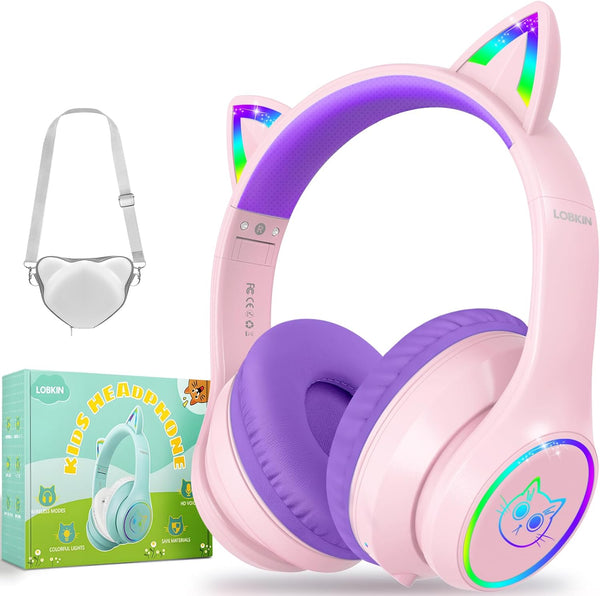 LOBKIN Kids Bluetooth Headphones, Over Ear Wireless with Mic, 50H Playtime, Colorful LED Lights, Safe Volume