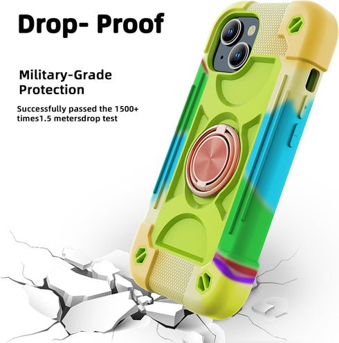 iPhone 15 Case, Rainbow Green, Heavy-Duty Shockproof Military-Grade Rugged Cover with Ring Stand, Glass Screen & Camera
